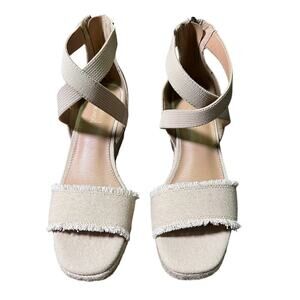Lauren Blakwell Lizzie Wedge Sandal Frayed Canvas Espadrille Strappy Womans US 7